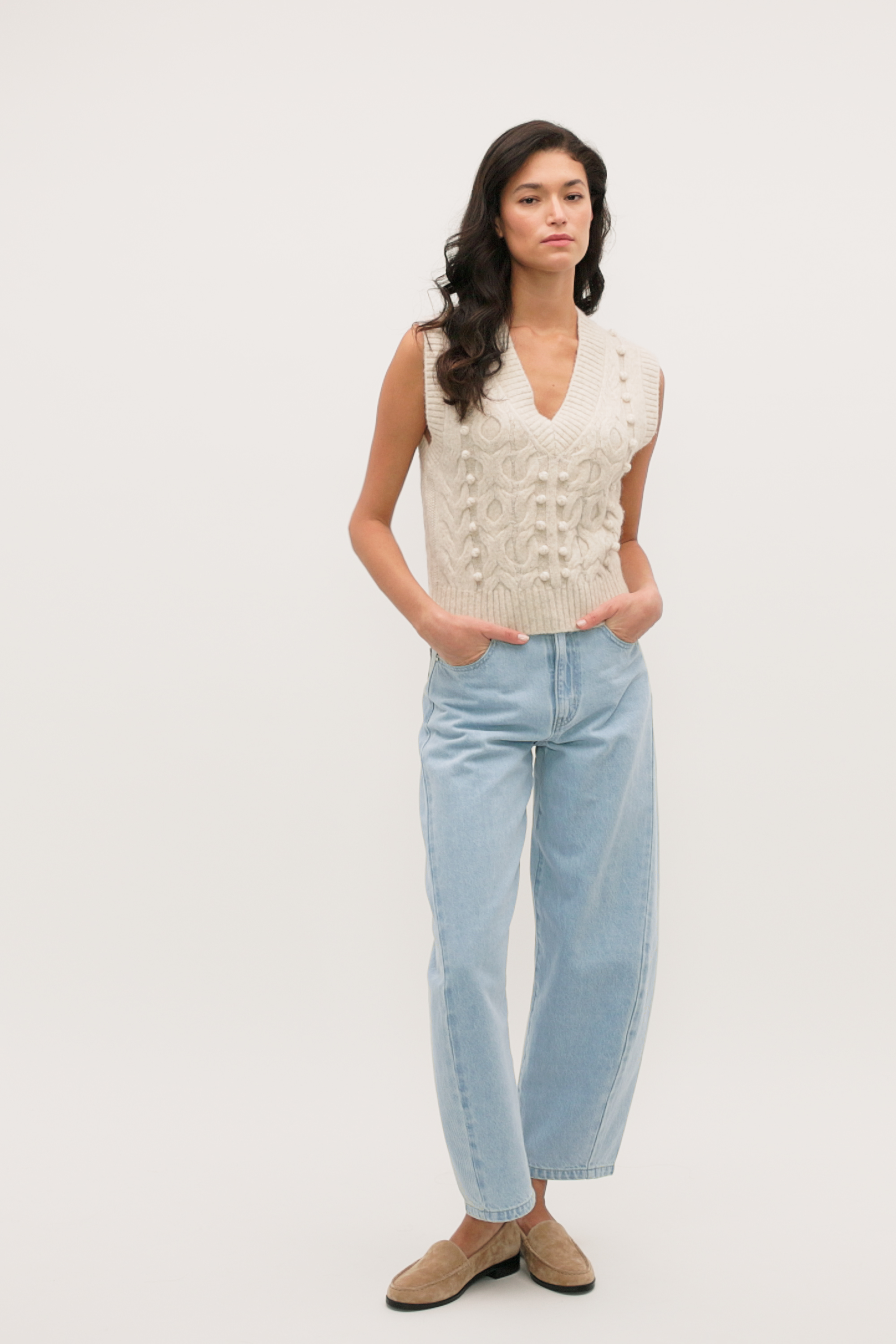Pom Pom Cable Knit Vest | Mist Marle | Seed Heritage